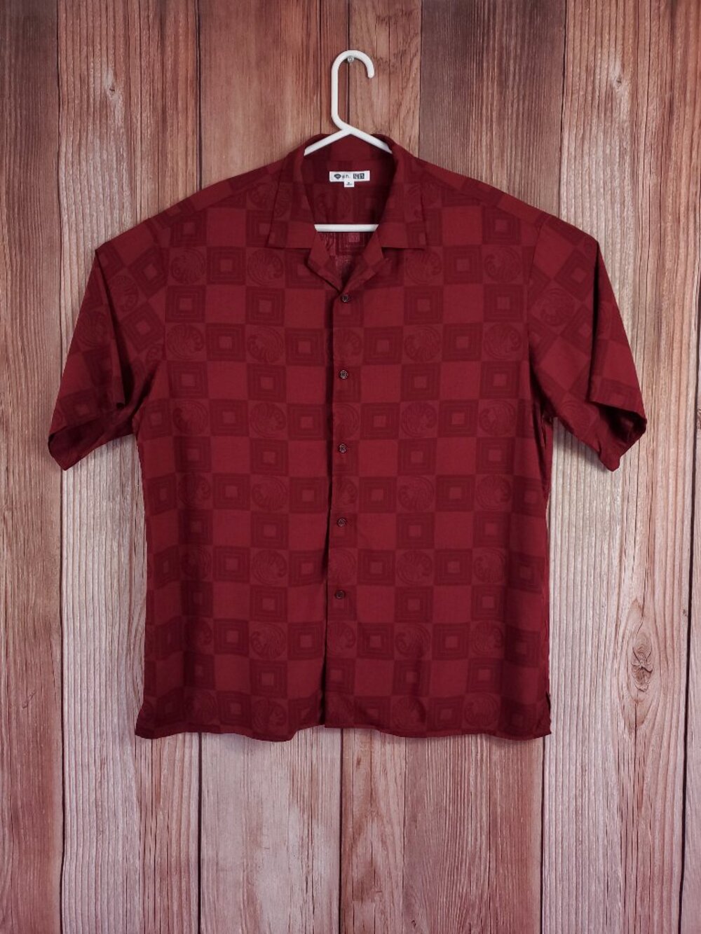 *FLAW* Uniqlo Shochiku Kabuki Camp Collar Shirt Mens Medium Geometric Japanese